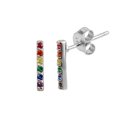 925 Sterling Silver Rhodium Plated Rainbow Multi Color CZ Bar Necklace & Earring Set