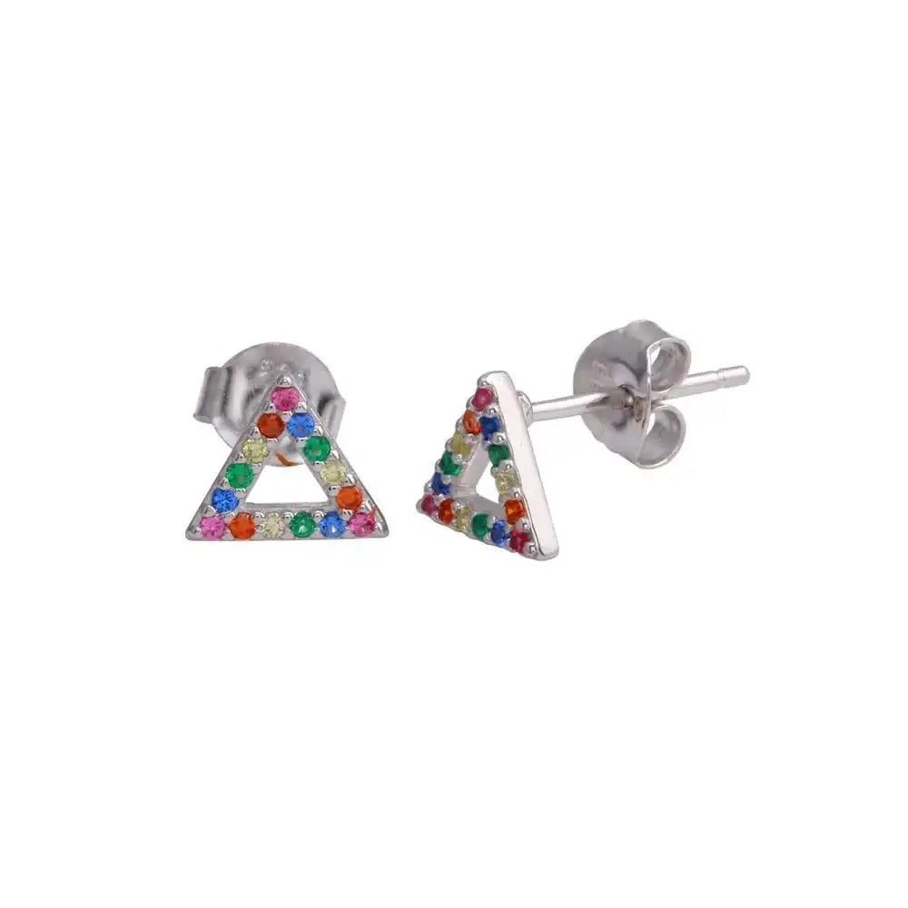 925 Sterling Silver Rhodium Plated Open Triangle Stud Earrings with Multi-Colored CZ