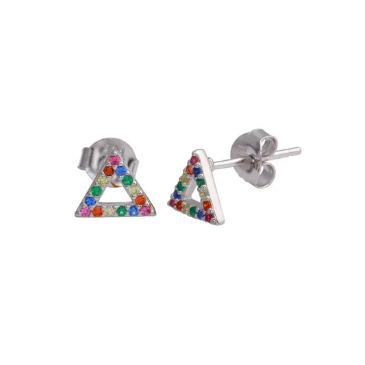 925 Sterling Silver Rhodium Plated Open Triangle Stud Earrings with Multi-Colored CZ