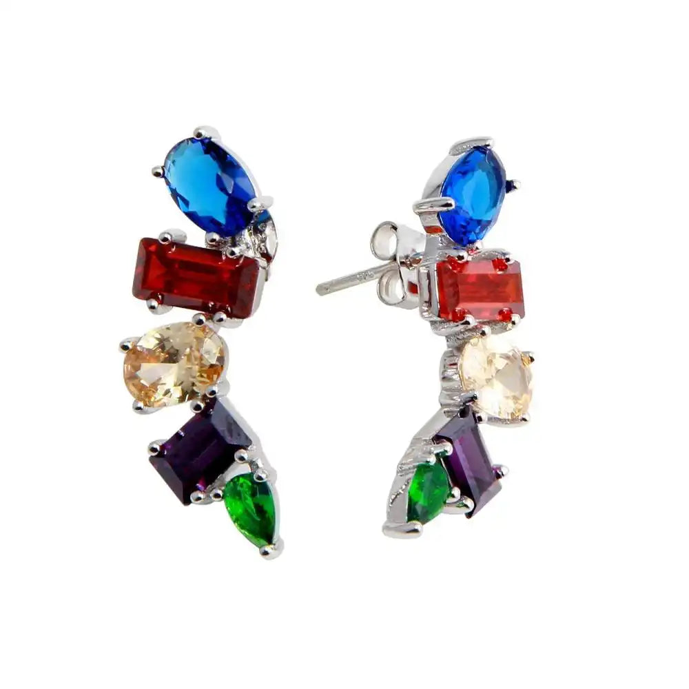 925 Sterling Silver Rhodium Plated Multi-Colored and Multi-Shaped CZ Stone Earrings