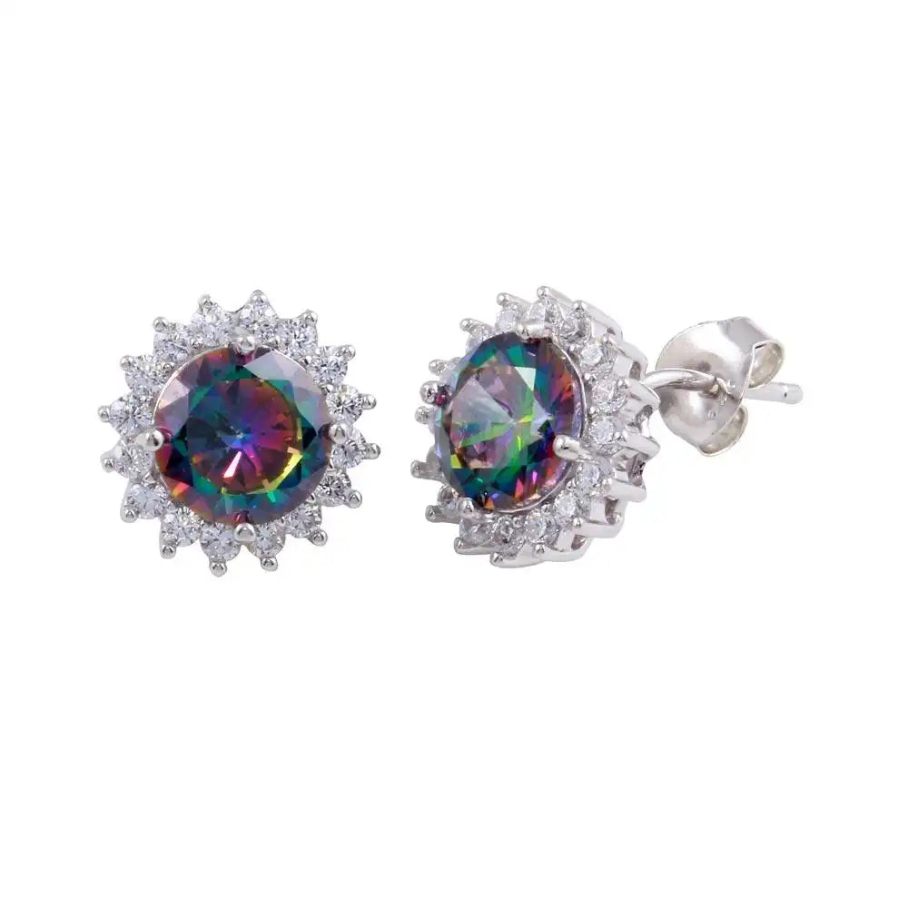 925 Sterling Silver Rhodium Plated Halo Synthetic Mystic Topaz Earrings