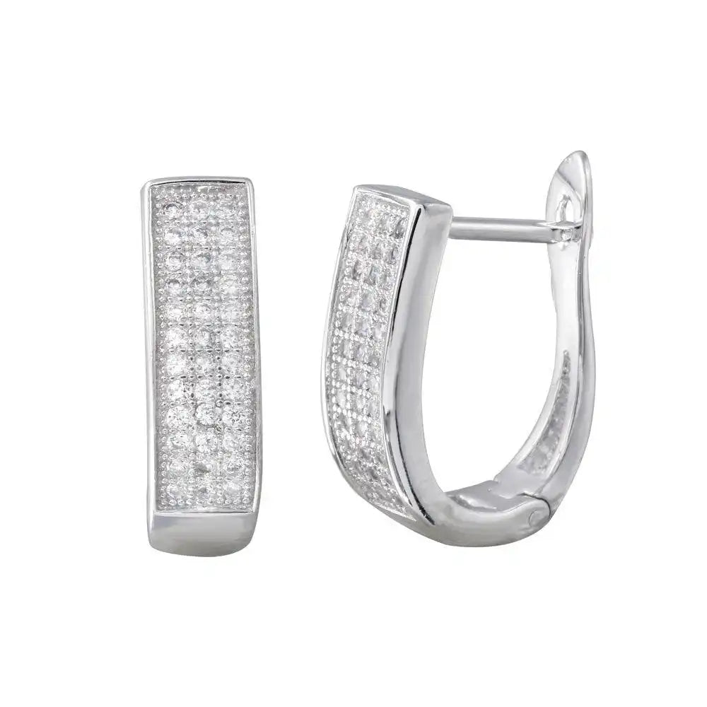 925 Sterling Silver Rhodium Plated Round CZ Oval Inlay Hoop Earrings