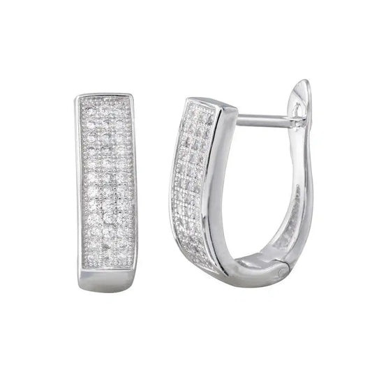 925 Sterling Silver Rhodium Plated Round CZ Oval Inlay Hoop Earrings