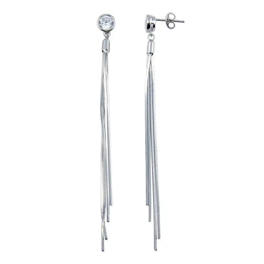 925 Sterling Silver Rhodium Plated  Round CZ Center Snake SQ Dangling Earrings