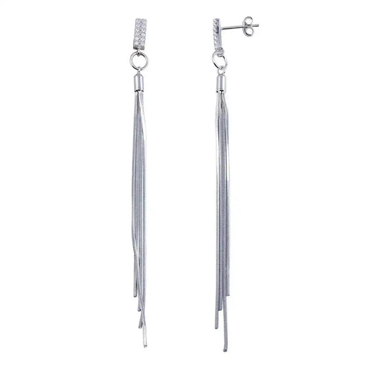925 Sterling Silver Rhodium Plated CZ Bar Snake SQ Dangling Earrings