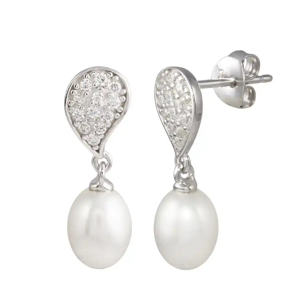 925 Sterling Silver Rhodium Plated CZ Encrusted Teardrop Dangling Pearl Earring