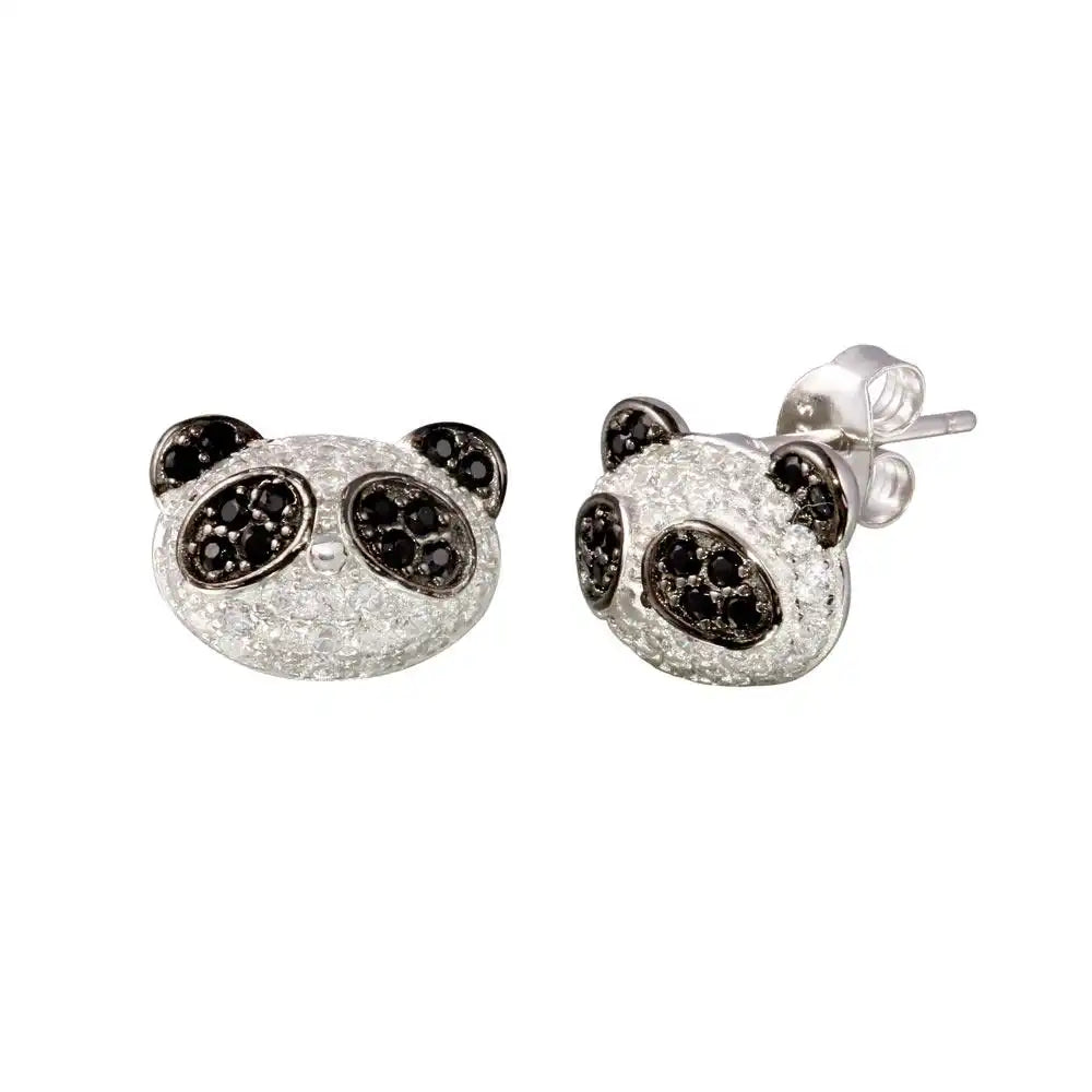925 Sterling Silver Rhodium Plated CZ Encrusted Panda Stud Earrings