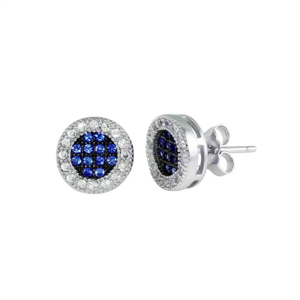 925 Sterling Silver Rhodium Plated Clear and Blue CZ Halo Stud Earrings