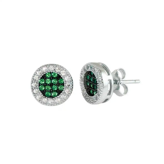 925 Sterling Silver Rhodium Plated Clear and Green CZ Halo Stud Earrings