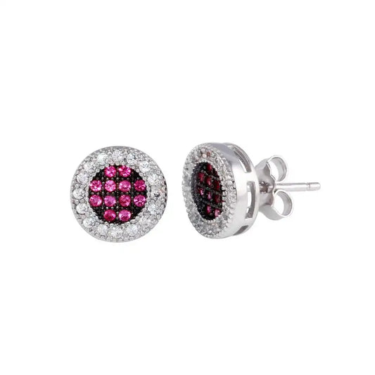 925 Sterling Silver Rhodium Plated Clear and Red CZ Halo Stud Earrings