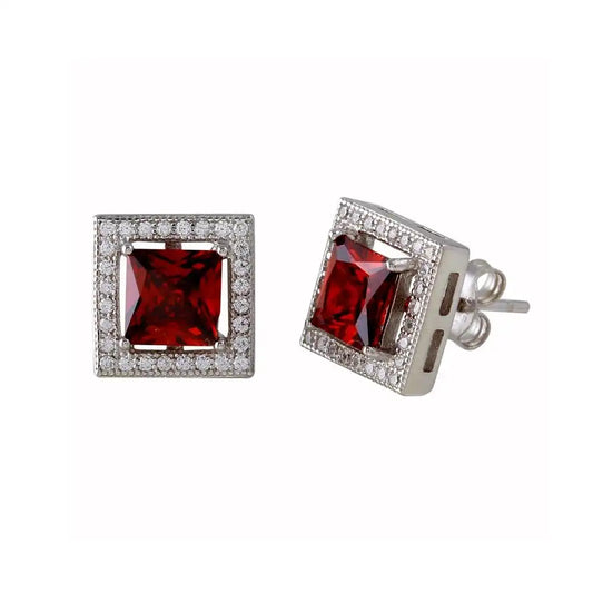 925 Sterling Silver Rhodium Plated Red Halo Square CZ Stud Earrings