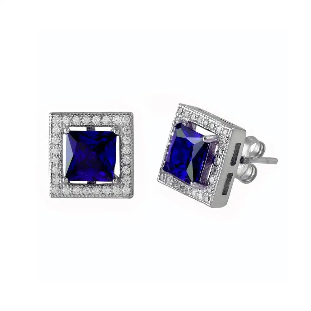 925 Sterling Silver Rhodium Plated Blue Halo Square CZ Stud Earrings