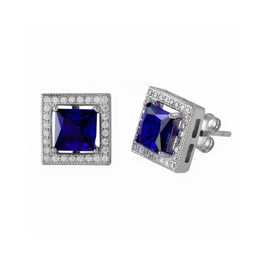 925 Sterling Silver Rhodium Plated Blue Halo Square CZ Stud Earrings