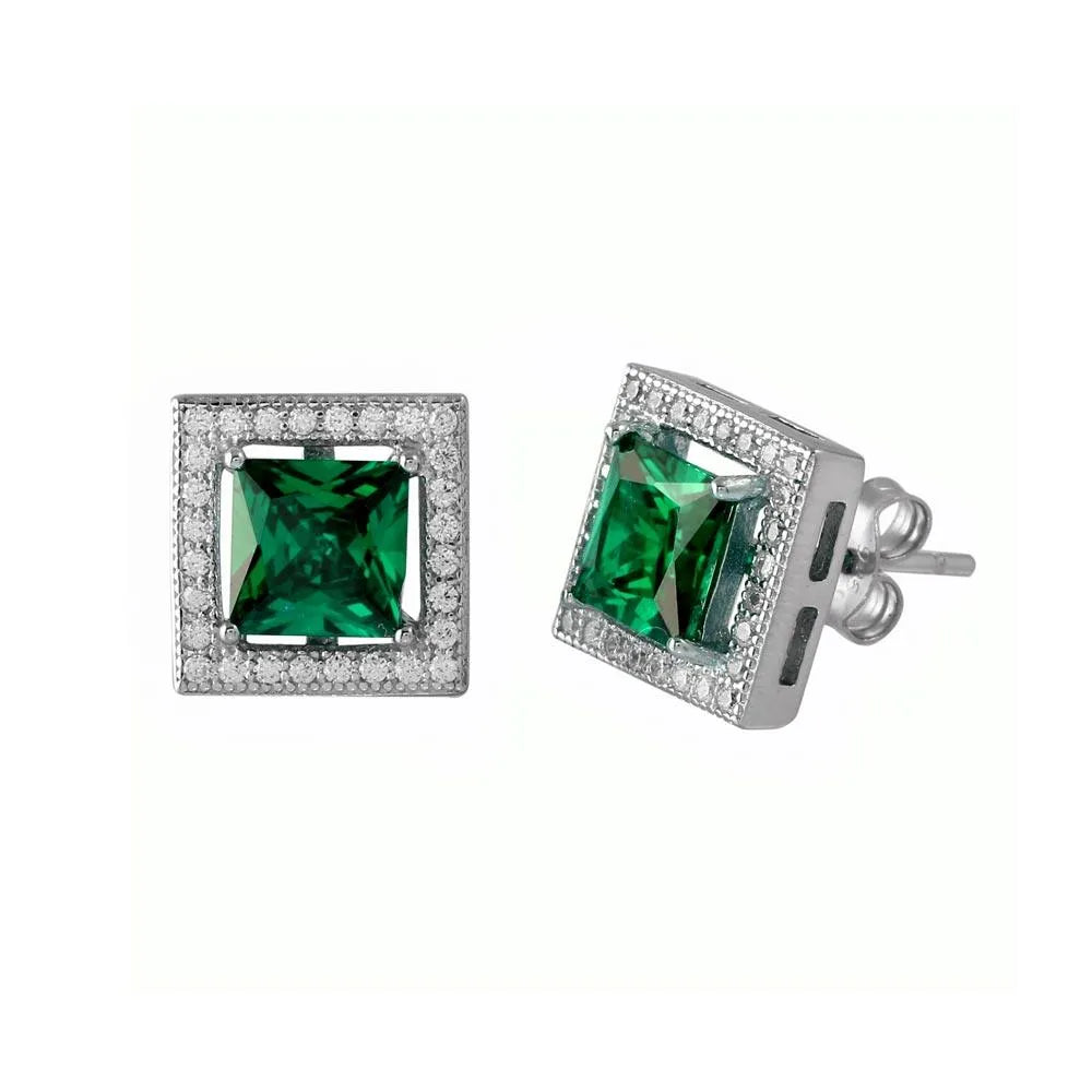 925 Sterling Silver Rhodium Plated Green Halo Square CZ Stud Earrings