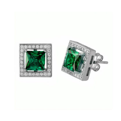 925 Sterling Silver Rhodium Plated Green Halo Square CZ Stud Earrings