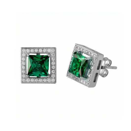 925 Sterling Silver Rhodium Plated Green Halo Square CZ Stud Earrings