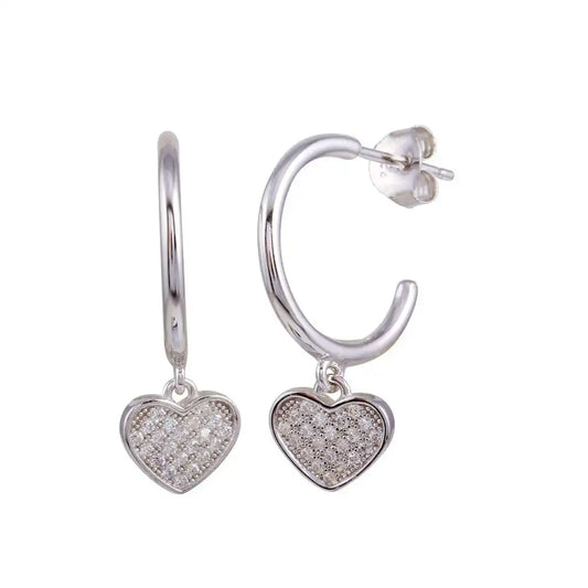 925 Sterling Silver Rhodium Plated Semi Hoop CZ Heart Shaped Earrings