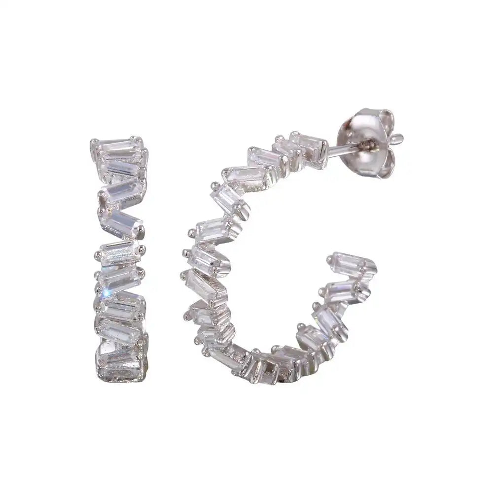 925 Sterling Silver Rhodium Plated Semi Hoop CZ Baguette Earrings