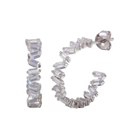 925 Sterling Silver Rhodium Plated Semi Hoop CZ Baguette Earrings