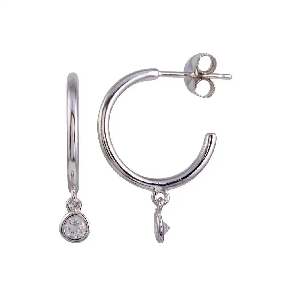 925 Sterling Silver Rhodium Plated Semi Hoop CZ Circle Earrings