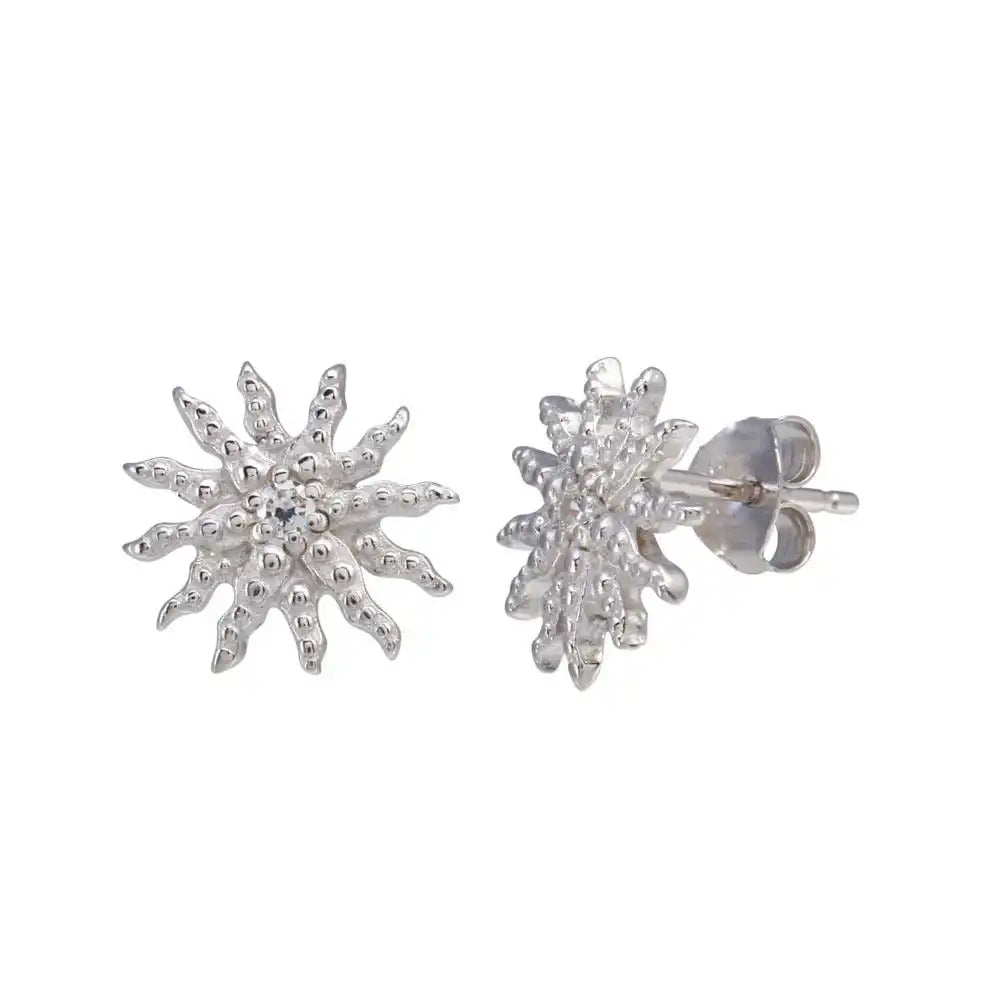 925 Sterling Silver Rhodium Plated CZ Sun Stud Earring