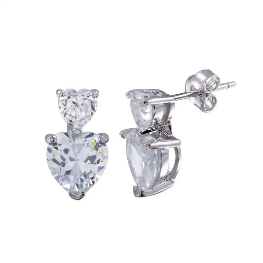 925 Sterling Silver Rhodium Plated Double Heart CZ Dangling Earring
