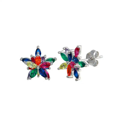 925 Sterling Silver Rhodium Plated Multi Color Flower CZ Stud Earring