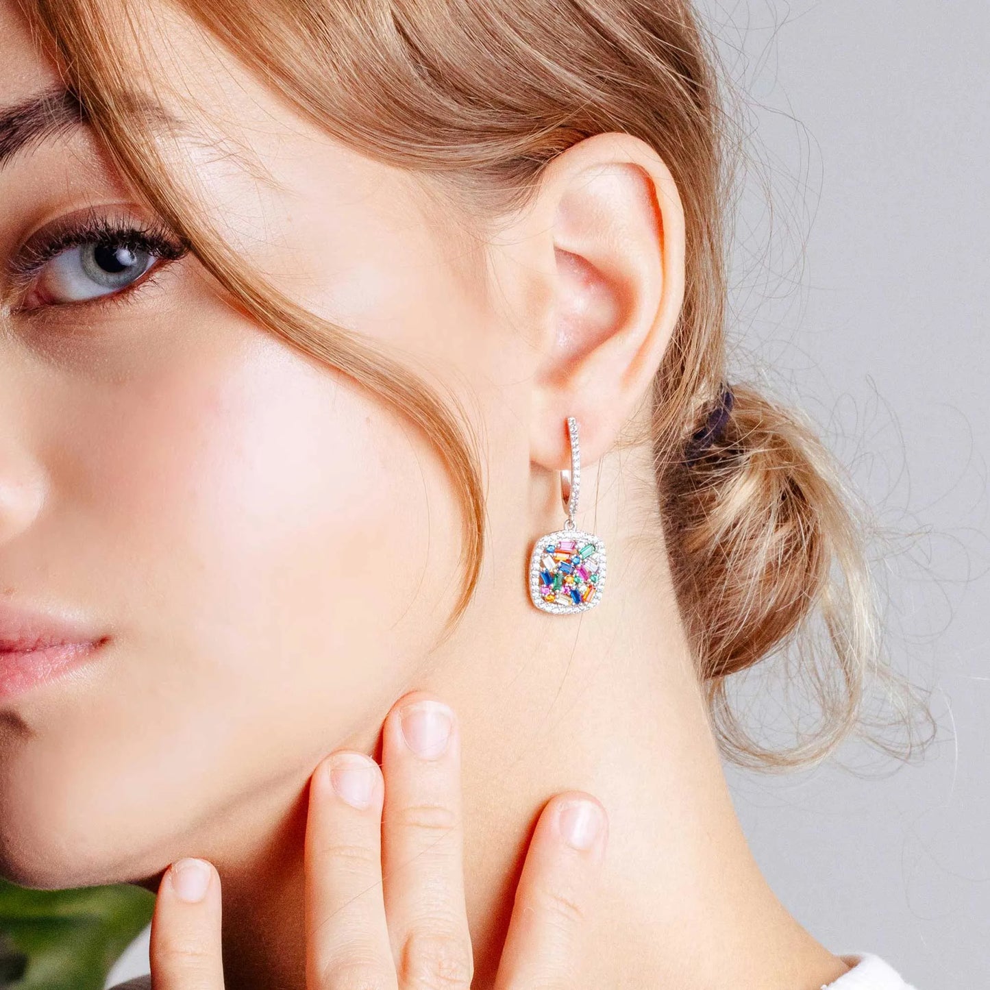925 Sterling Silver Rhodium Plated Multi Colored CZ Square Dangling Earring