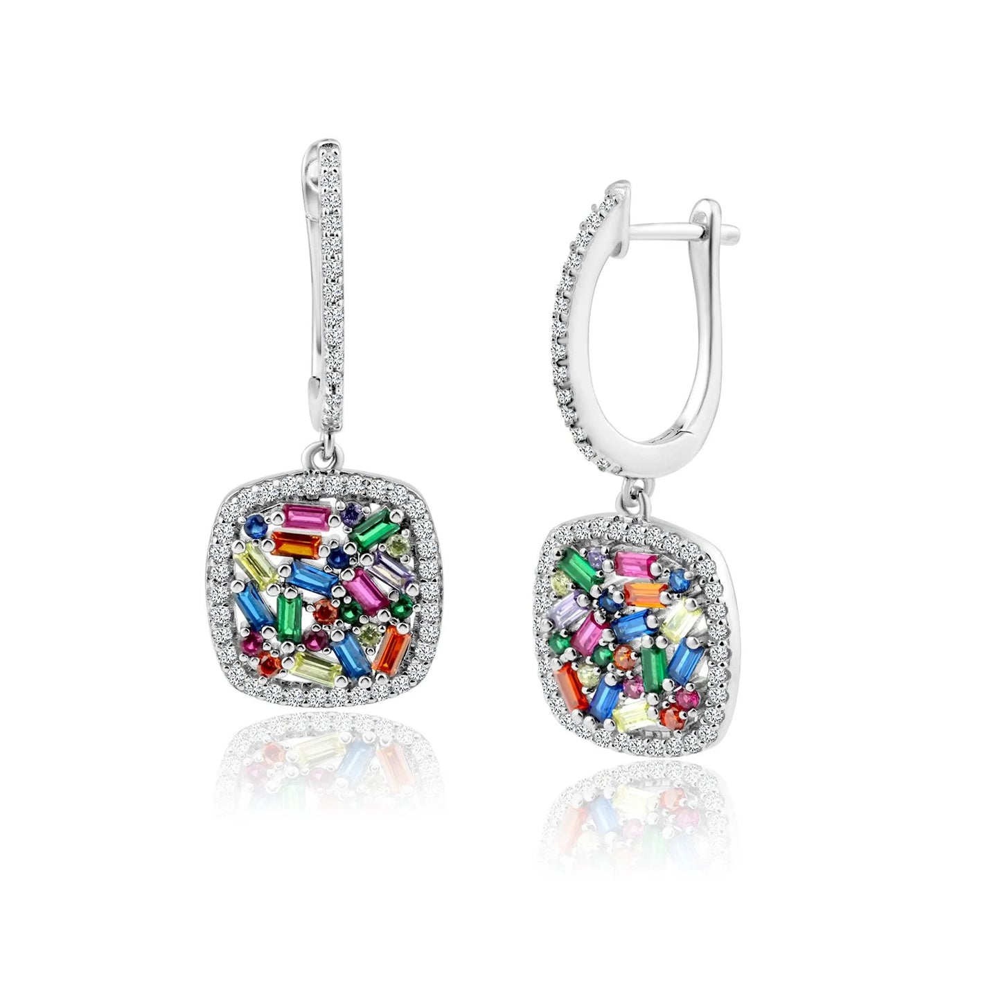 925 Sterling Silver Rhodium Plated Multi Colored CZ Square Dangling Earring