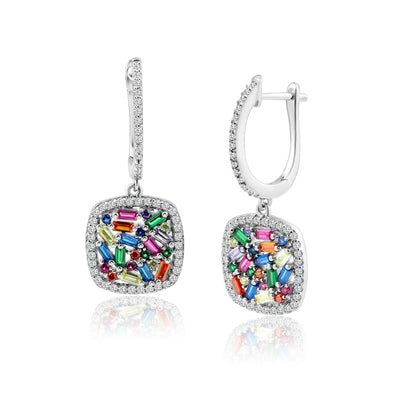 925 Sterling Silver Rhodium Plated Multi Colored CZ Square Dangling Earring