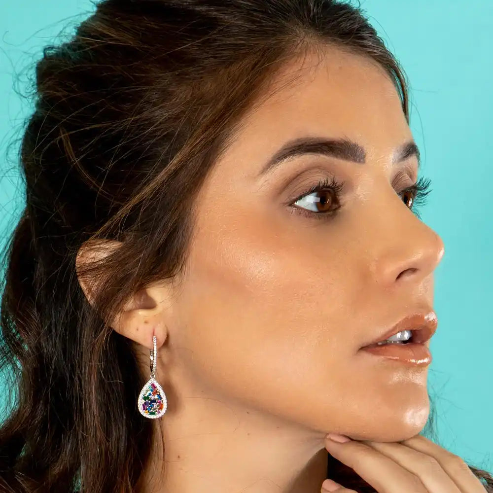 925 Sterling Silver Rhodium Plated Multi Color Teardrop CZ Dangling Earring