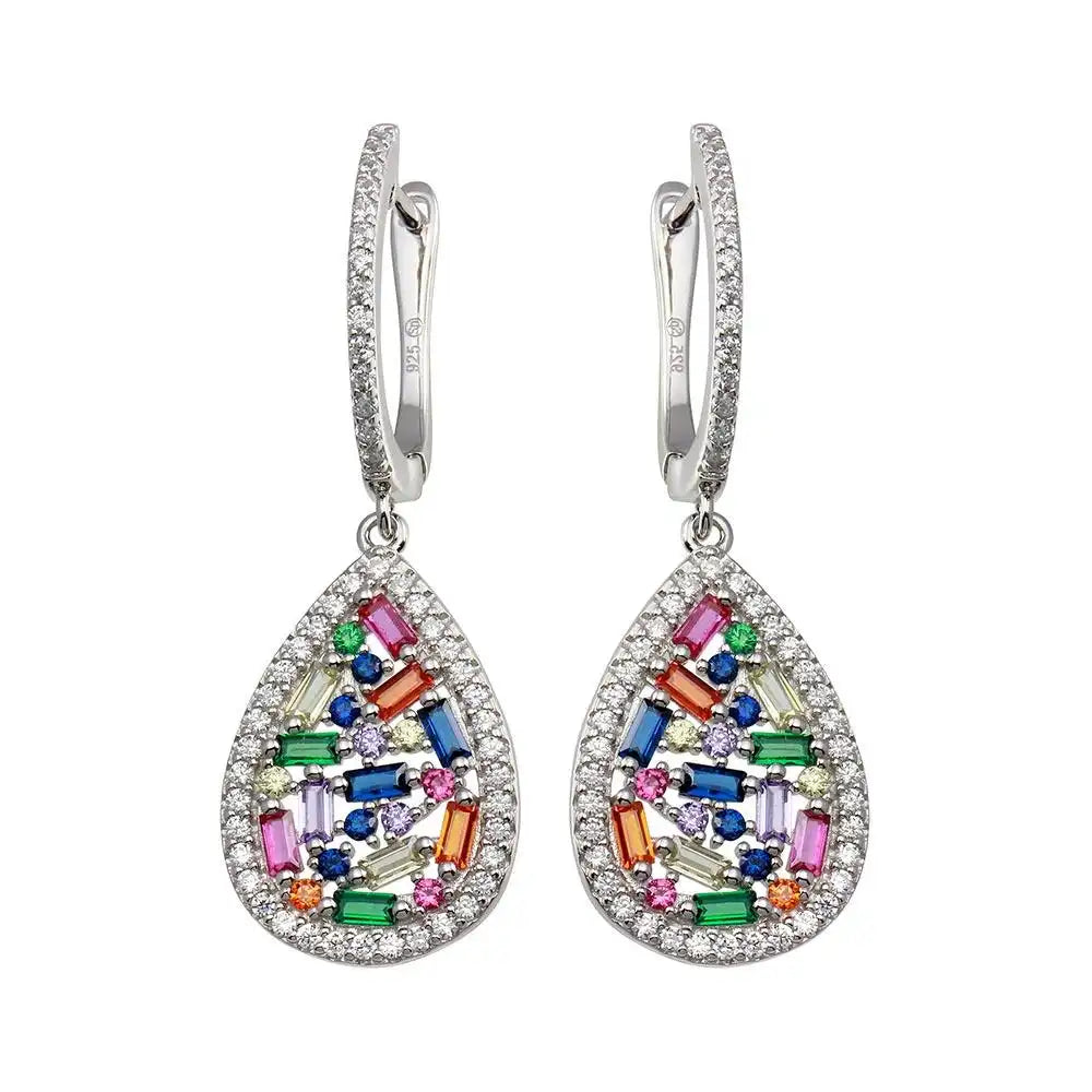 925 Sterling Silver Rhodium Plated Multi Color Teardrop CZ Dangling Earring
