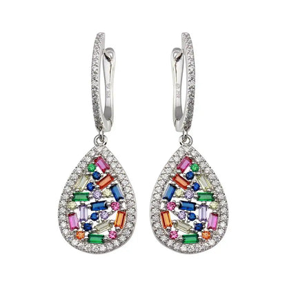 925 Sterling Silver Rhodium Plated Multi Color Teardrop CZ Dangling Earring