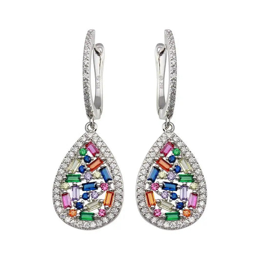 925 Sterling Silver Rhodium Plated Multi Color Teardrop CZ Dangling Earring