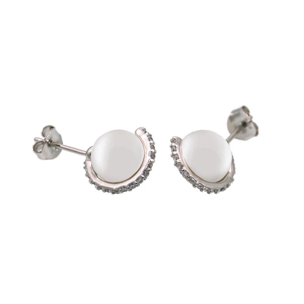 925 Sterling Silver Rhodium Plated CZ Wrapped Synthetic Mother of Pearl Stud Earring