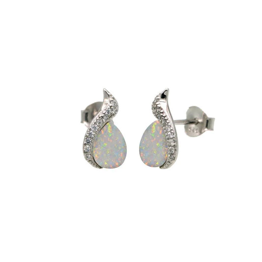 925 Sterling Silver Rhodium Plated Teardrop Synthetic Opal CZ Stud Earring