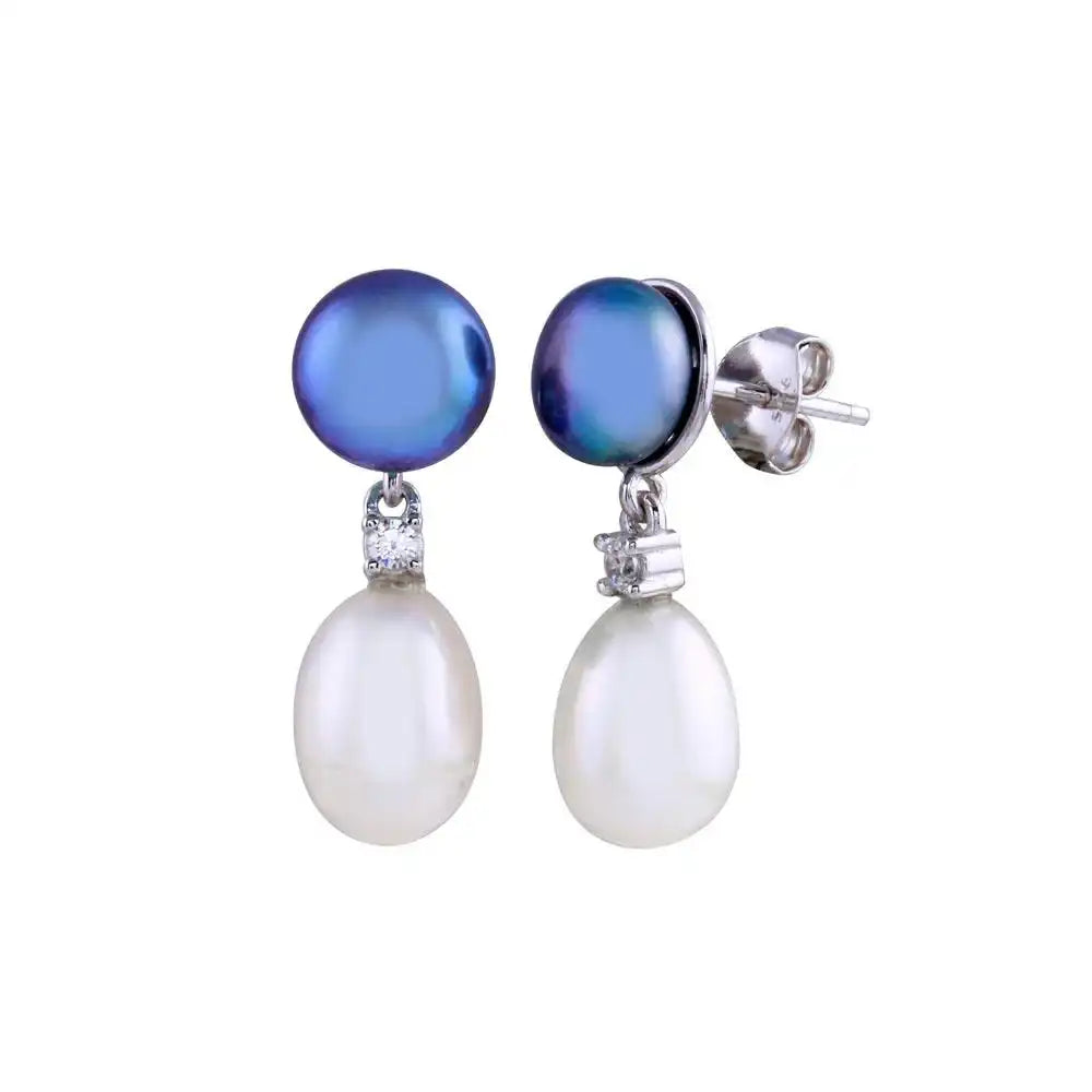 925 Sterling Silver Rhodium Plated Black and White Pearl Dangling Earring