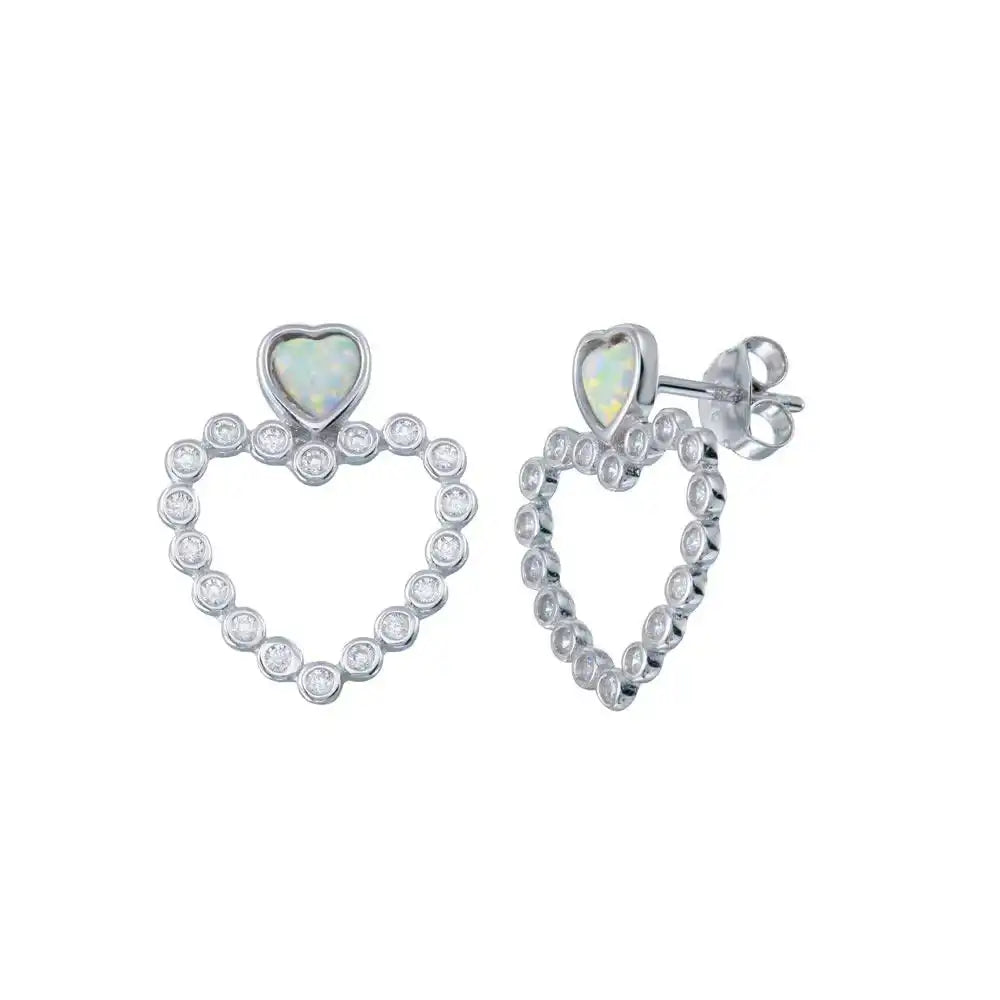 925 Sterling Silver Rhodium Plated Open Heart Bubble CZ Stud Earring