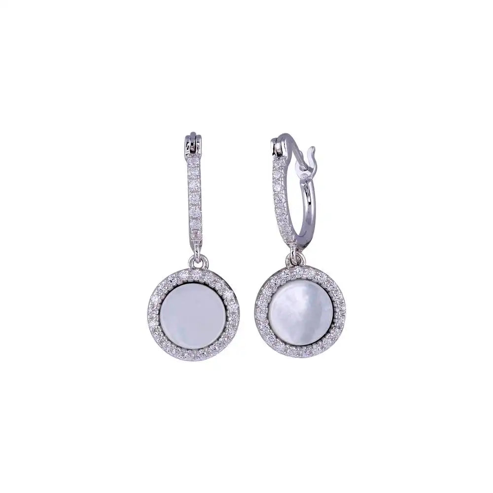 925 Sterling Silver Rhodium Plated Dangling CZ Disc with Mother of Pearl huggie hoop Earring