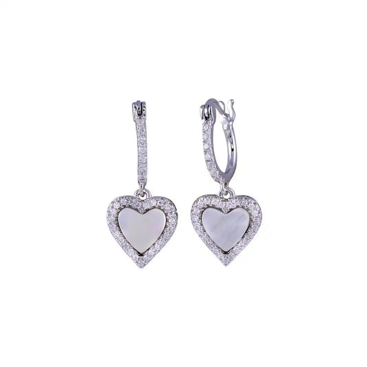 925 Sterling Silver Rhodium Plated Dangling CZ Heart with Mother of Pearl huggie hoop Earring