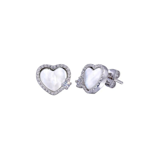 925 Sterling Silver Rhodium Plated CZ Mother Pearl Heart Stud Earring
