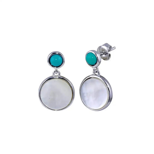 925 Sterling Silver Rhodium Plated Turquoise Stud Dangling MOP Earring
