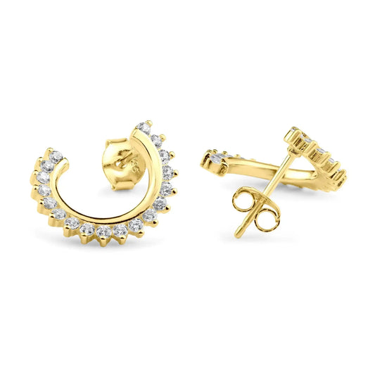 925 Sterling Silver Gold Plated Crescent Hoop Clear CZ Earring