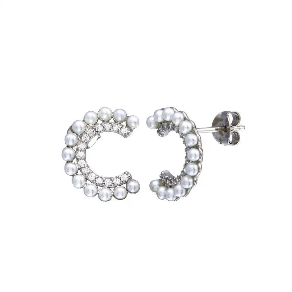 925 Sterling Silver Rhodium Plated Crescent Pearl CZ Earring