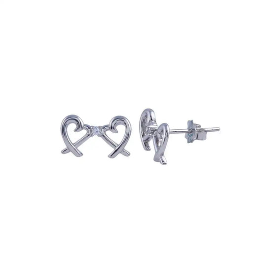 925 Sterling Silver Rhodium Plated Double Heart CZ Stud Earring