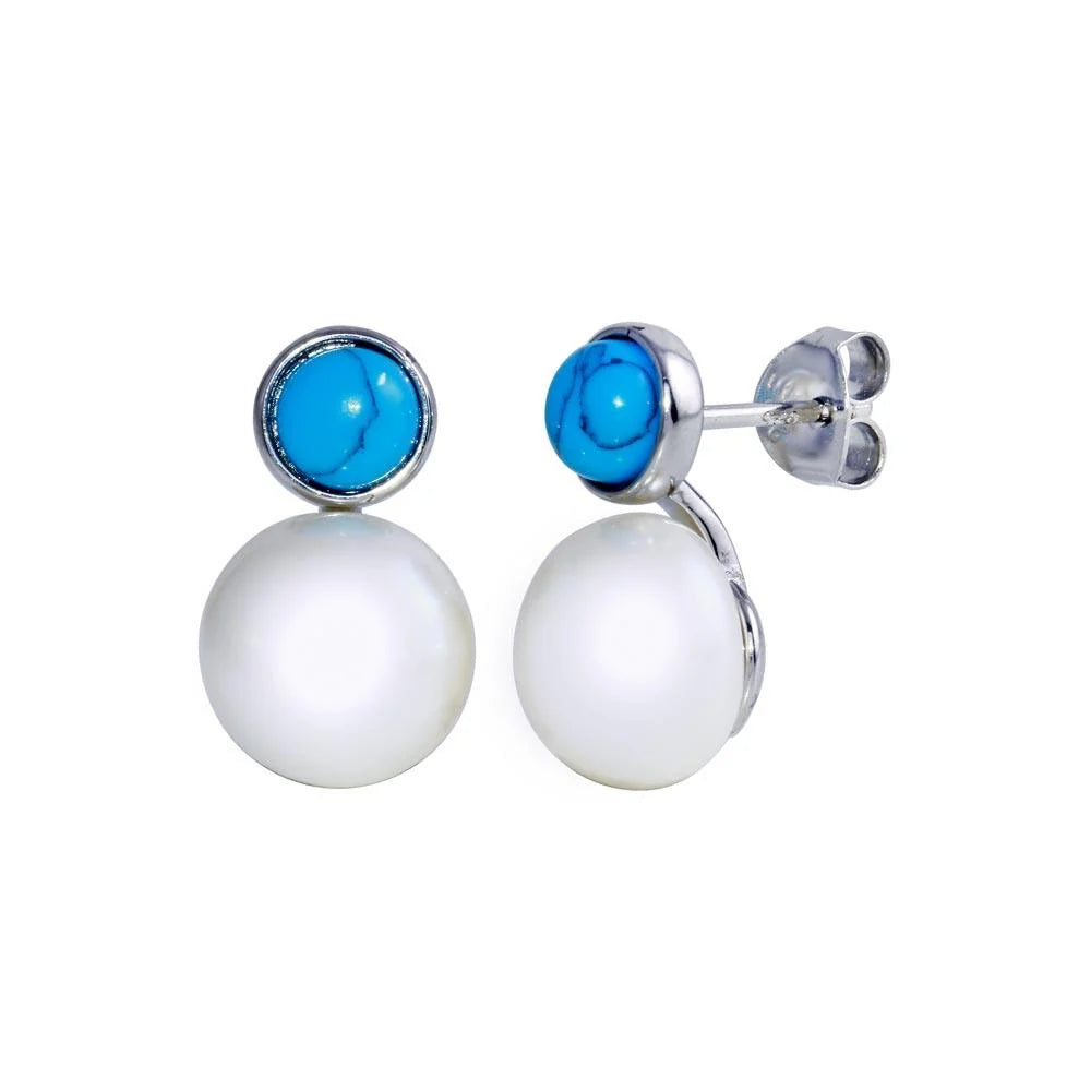 925 Sterling Silver Rhodium Plated Pearl and Turquoise CZ Earring
