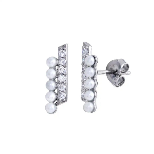 925 Sterling Silver Rhodium Plated Vertical Pearl and Clear CZ Earring