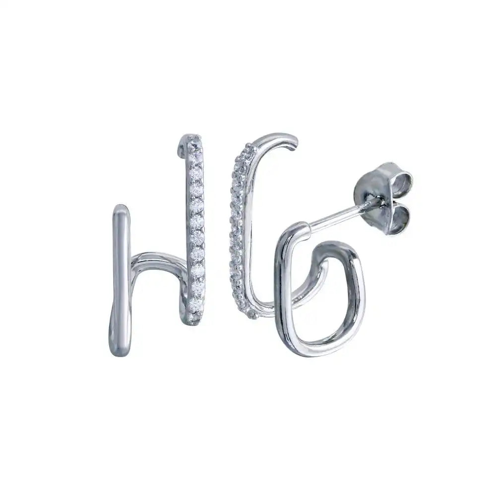 925 Sterling Silver Platinum Plated Vertical Lobe Hugging CZ Earring