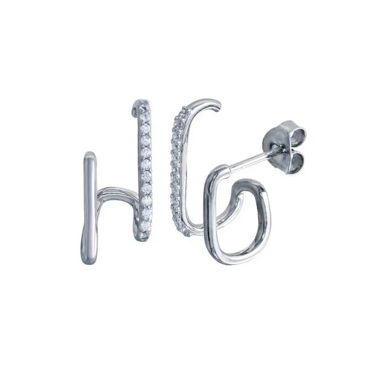 925 Sterling Silver Platinum Plated Vertical Lobe Hugging CZ Earring