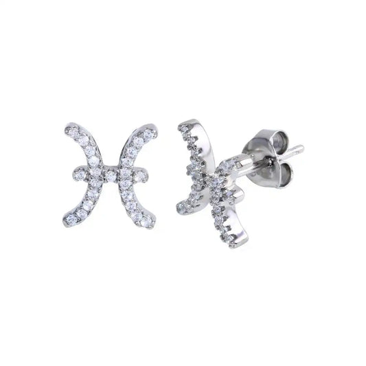 925 Sterling Silver Platinum Plated Pisces CZ Zodiac Sign Earring